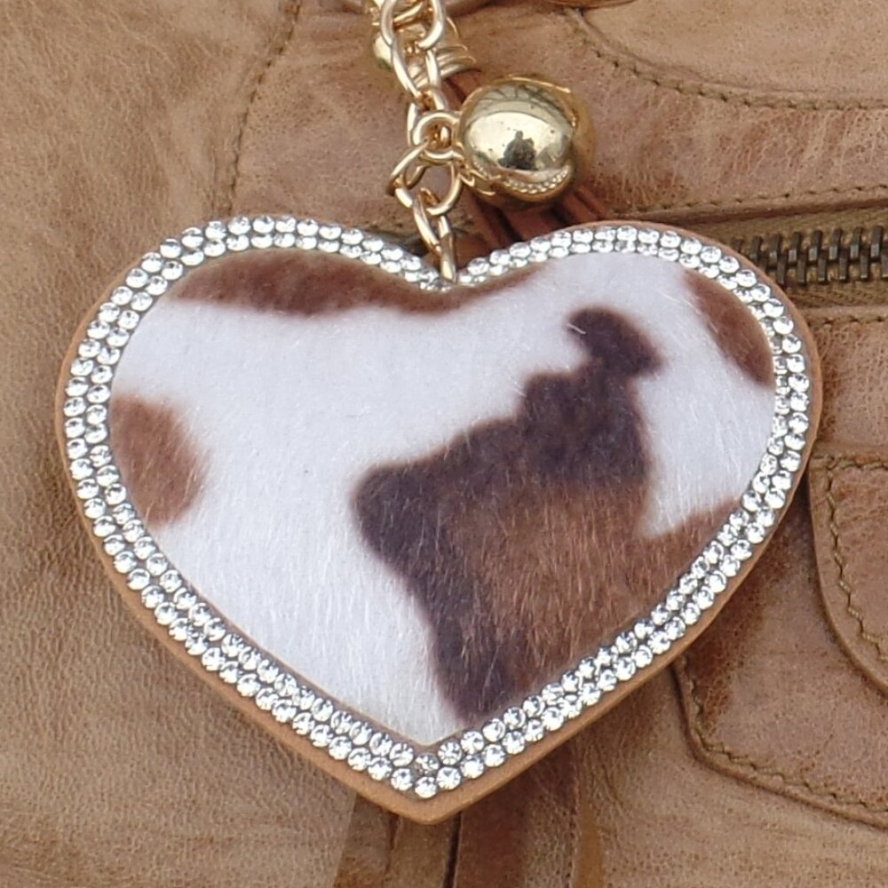 Cowboy Faux Fur Bag Charm Animal Print Rhinestone Trim Key Chain NWOT HEART (1) - Picture 3 of 6